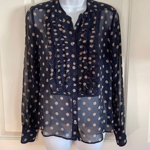J Crew Navy Flouncette Polka Dot Long Sleeve Silk Blouse, Size 4